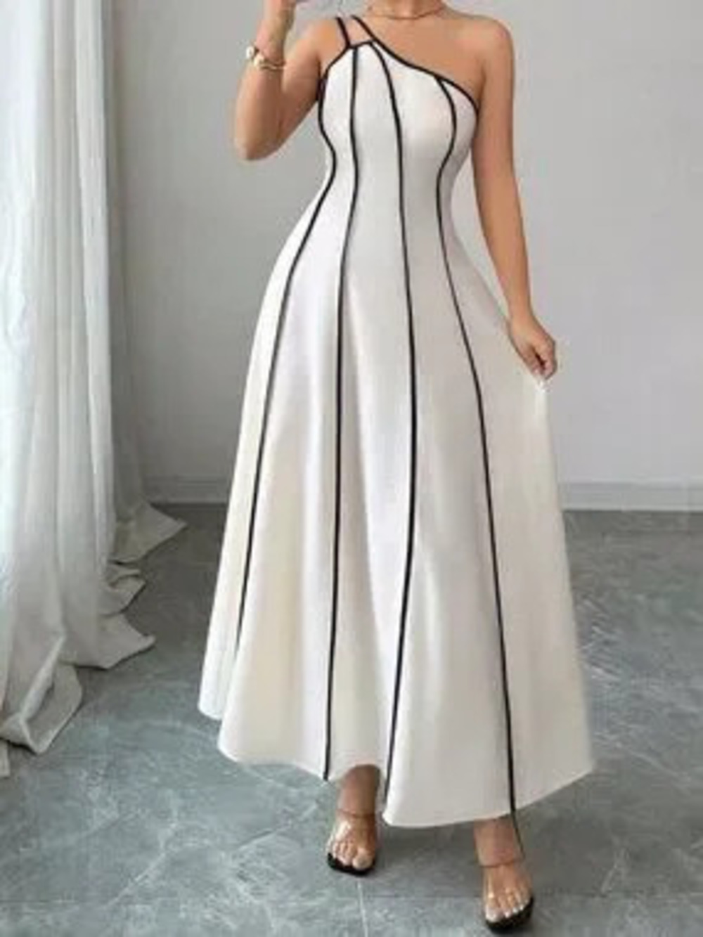 ZARA Apricot Casual Women's One-Shoulder Contrast Sleeveless Dress
